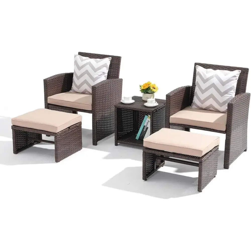 Outdoor Furniture With Storage For Cushions - 5-teiliges Gartenmöbel-Set mit Kissen, braunen Korbstühlen,