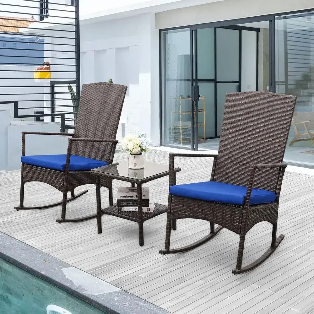 Bistro Table Set - Outdoor PE-Rattan-Schaukelstuhl, 3-teiliges Terrassen-Rattan-Bistro-Set, 2 Schaukel-Sessel