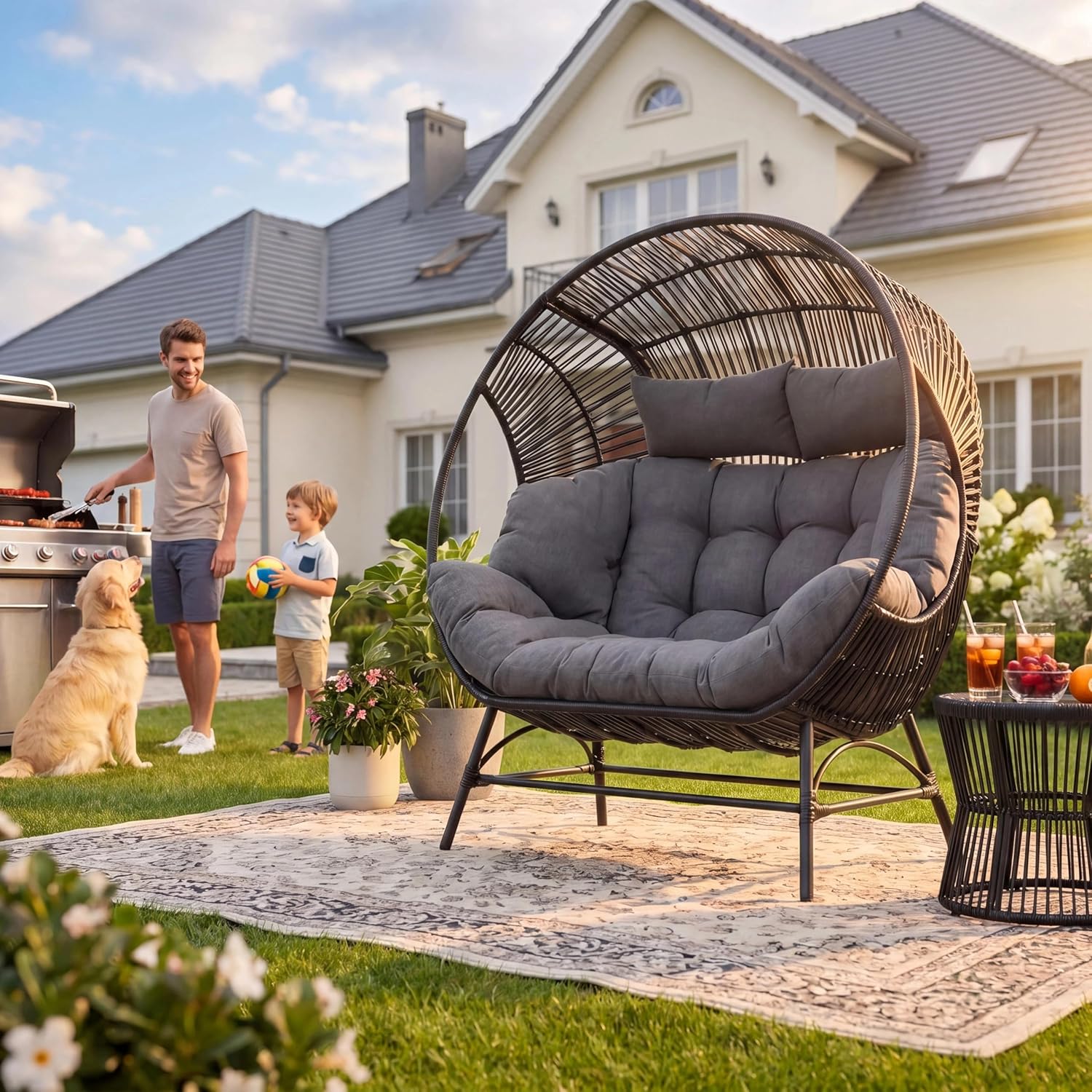 Hanging Egg Chair - Outdoor Runder Eierstuhl mit Armlehne, Doppel-Loungesessel