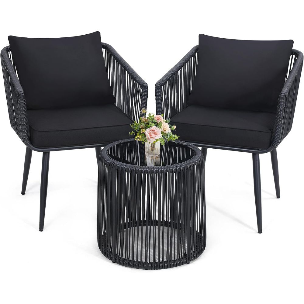 Bistro Table Set - 3-teiliges Terrassen-Bistro-Set aus Rattan, schwarz |