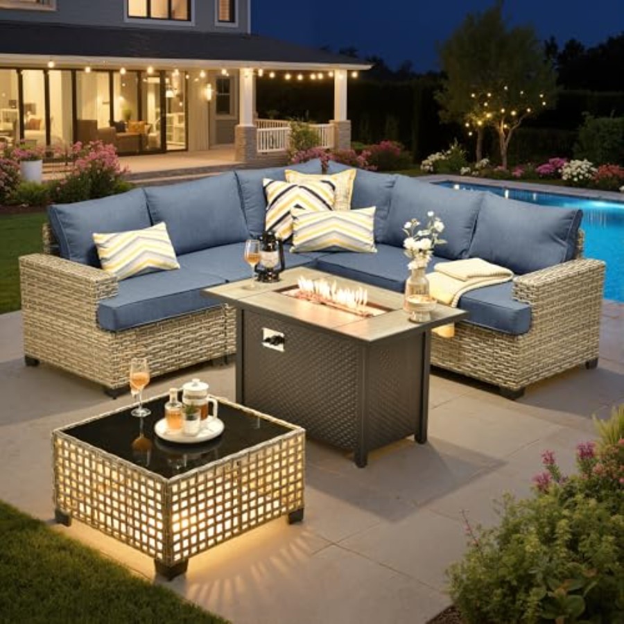 Outdoor Furniture L Shape - Outdoor-Sitzgruppe mit Feuerstelle, Rattan-Gesprächssets, L-förmige Gartenmöbel