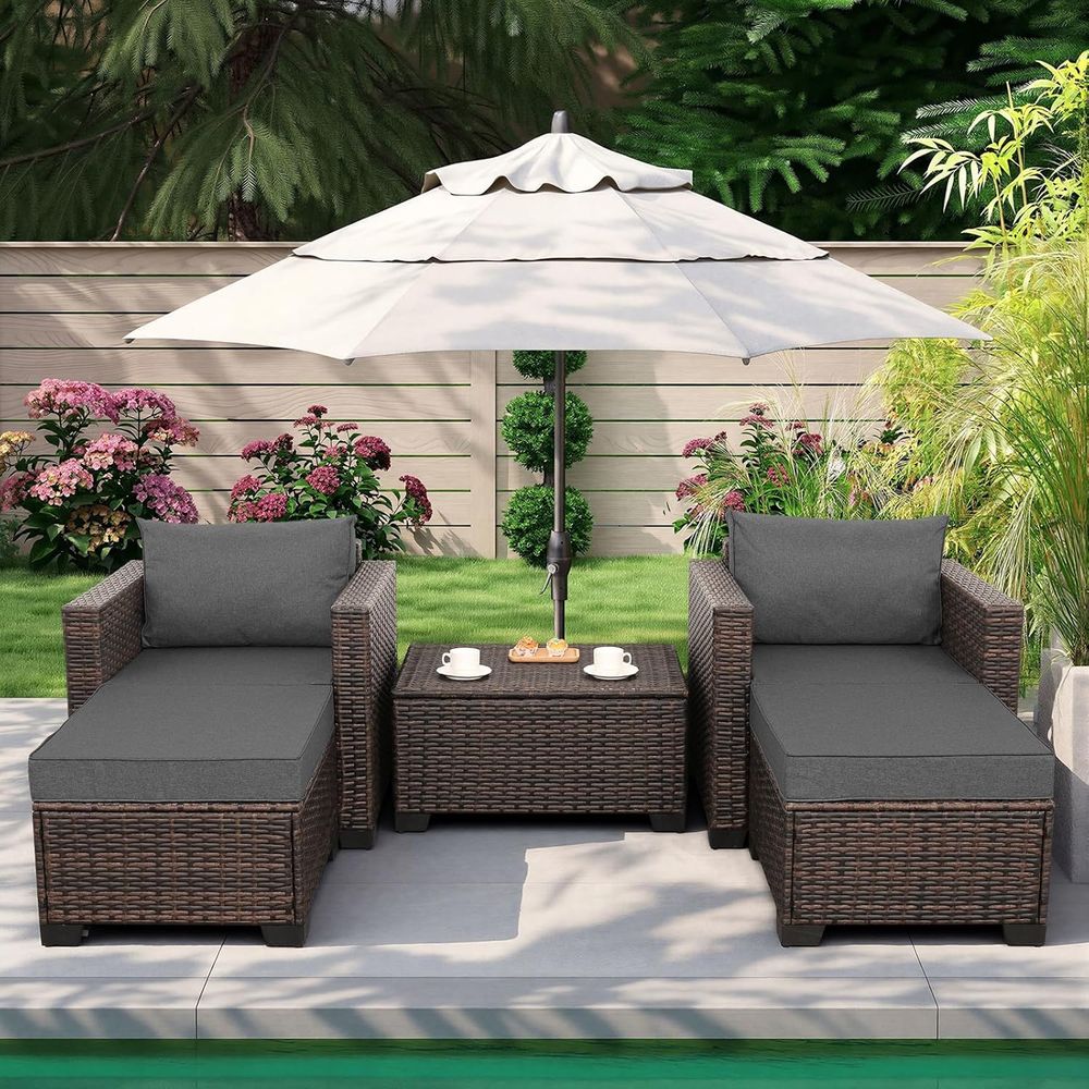 Outdoor Furniture With Storage For Cushions - 5-teiliges HDPE-Rattan-Gartenmöbel-Set mit Chaiselongue, Aufbewahrungstisch, Kissen