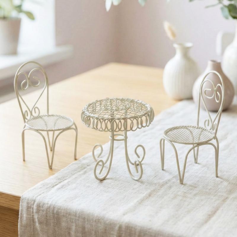 Bistro Table Set - 1/3-teiliges Puppenhaus-Garten-Display-Ornament, Requisiten-Zubehör, Miniatur-Tisch-Stuhl-Modell, winzige Heimdekoration,