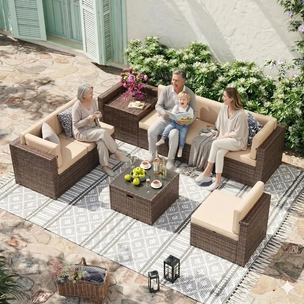 Outdoor Furniture With Storage For Cushions - 8-teiliges Gartenmöbel-Set aus Korbgeflecht mit Stauraum,