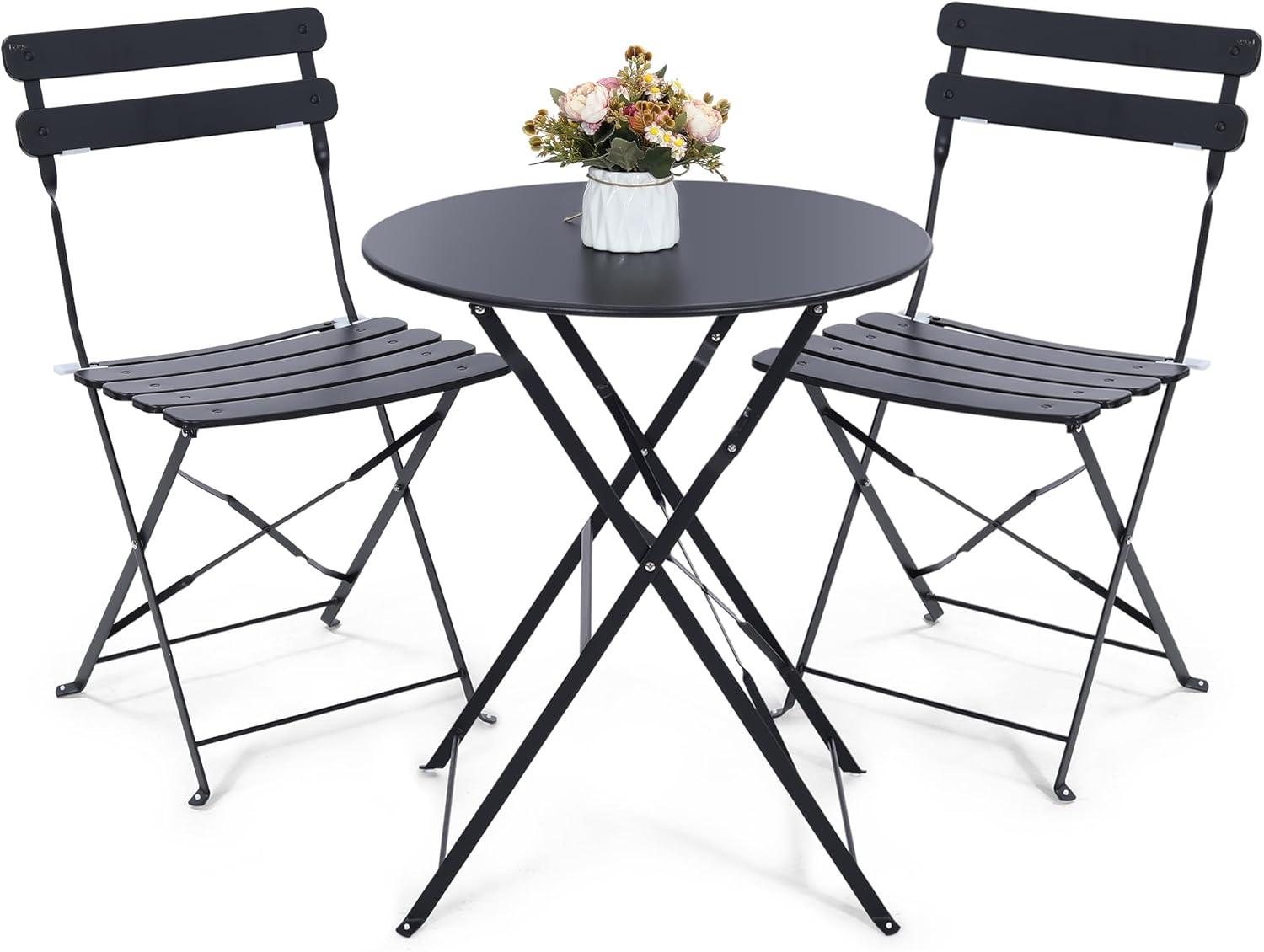 Bistro Table Set - Platzsparendes schwarzes 3-teiliges klappbares Outdoor-Bistro-Set bestehend