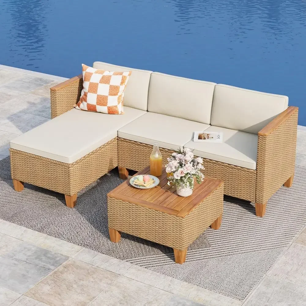 Outdoor Furniture L Shape - 3-teiliges Outdoor-Gartenmöbel-Set: L-förmiges Rattan-Sofa mit Akazienholz-Couchtisch