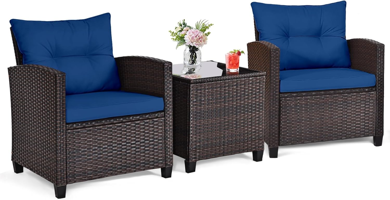 Bistro Table Set - Marineblaues 3-teiliges Bistro-Set aus Rattan-Geflecht für